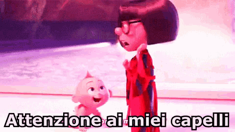 a cartoon character is standing next to a baby and the words " attenzione ai miei capelli " are above them
