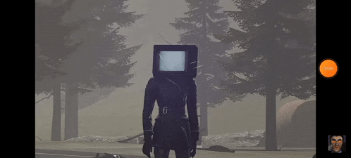 a person with a tv on their head in a foggy forest