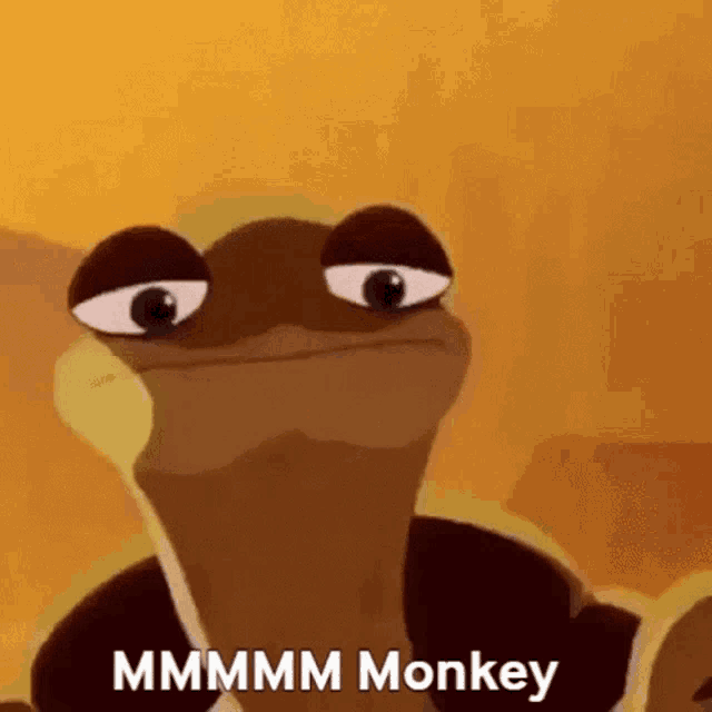 a cartoon turtle is making a funny face and saying monkey .
