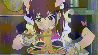 a girl in a maid outfit is eating noodles with chopsticks .