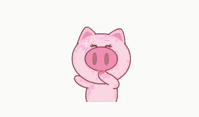 a cartoon pig is surrounded by pink hearts and making a heart shape with its hand .