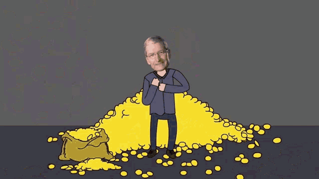a cartoon drawing of tim cook standing on a pile of gold