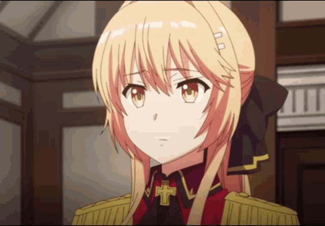 a blonde anime girl with a cross on her shoulder