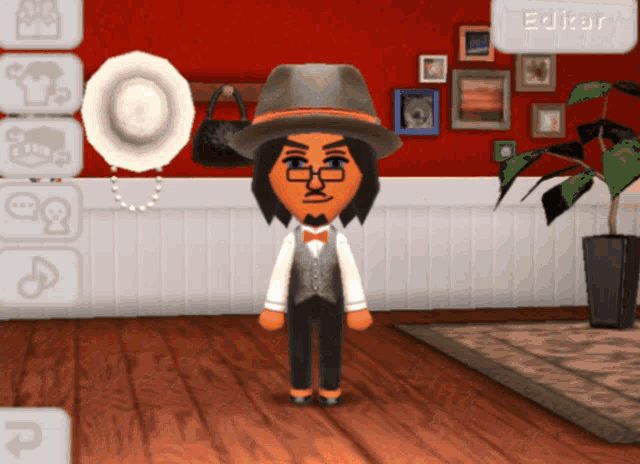 a video game character is standing in front of a red wall and a button that says editor