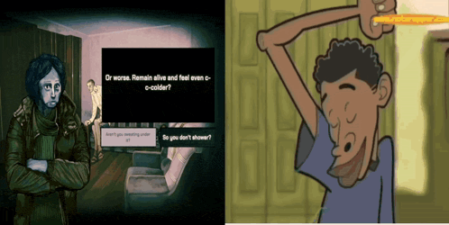 a cartoon of a man holding a toothbrush next to a screen that says " or worse " on it