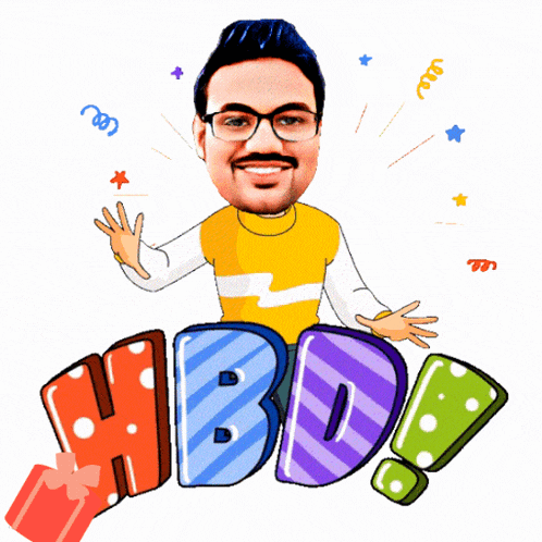 a cartoon drawing of a man with glasses and the words hbd