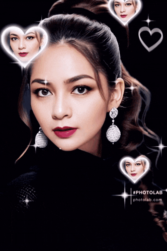 a woman 's face is surrounded by hearts and the words photolab are on the bottom