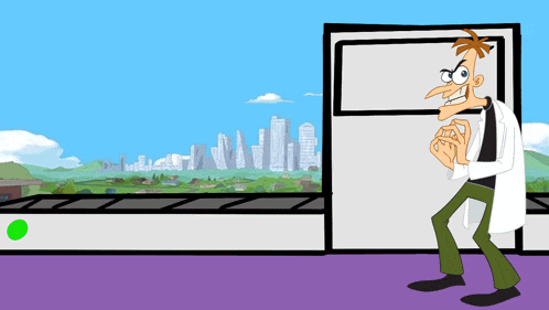 a cartoon character is standing in front of a window with a city skyline in the background
