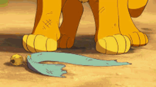 a close up of a lion 's paws with a blue ribbon laying on the ground