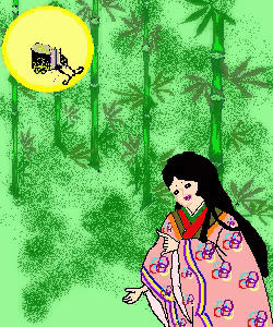 a pixel art drawing of a woman in a kimono standing in a bamboo forest