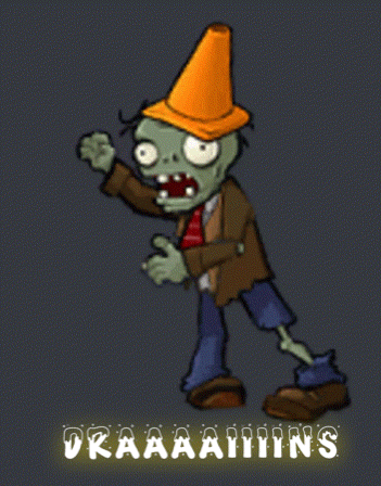 a cartoon of a zombie wearing an orange cone hat with the words draaaaiiiins below him