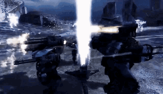 a video game scene with a robot shooting a sword