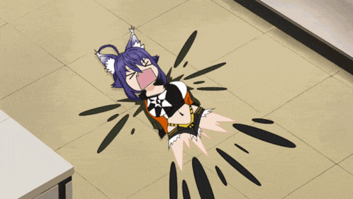 a cartoon girl with purple hair is laying on the floor with her mouth open