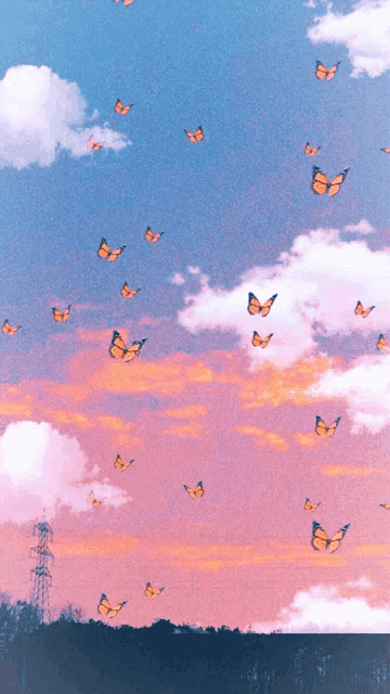 a painting of butterflies flying in the sky