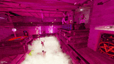 a screenshot of a video game with a purple background and a few people dancing