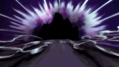 a purple background with a castle in the distance