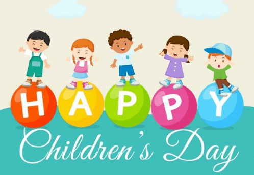 a happy children 's day greeting card with a group of children standing on colorful balls