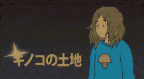 a girl in a blue sweater with a mushroom on it is standing in front of a sign that says ' a '