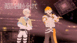 a couple of anime characters standing next to each other with a purple background