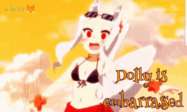 a cartoon of a girl in a bikini with the words dolly is embarrassed