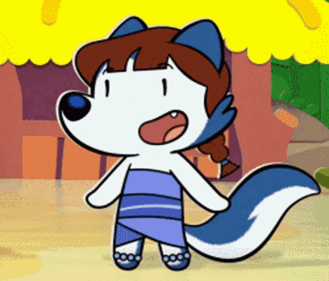 a cartoon drawing of a white dog with a blue tail
