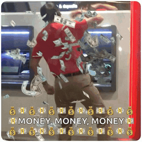 a man in a red shirt is dancing in front of an atm while money is falling around him