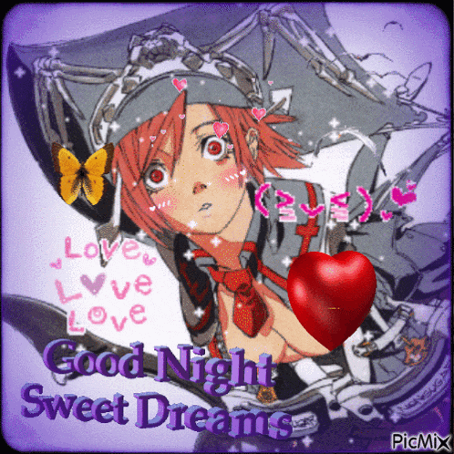 a picture of a girl with a red heart and the words good night sweet dreams on it