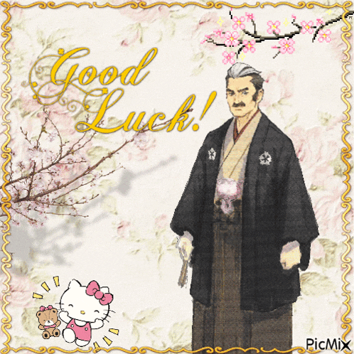 a man in a kimono stands next to hello kitty
