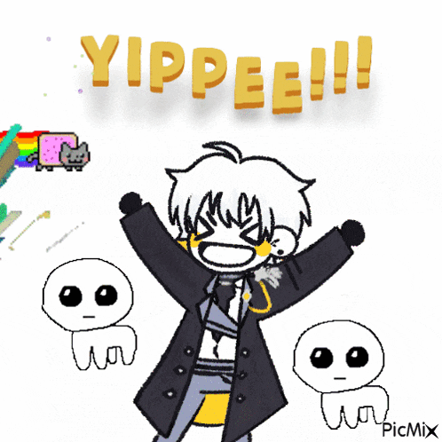 a drawing of a boy with the words " yippee !!! " on top