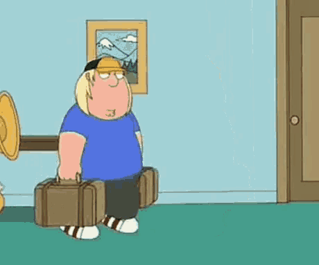a cartoon character is carrying a suitcase in a room .