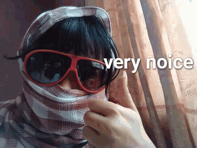 a person wearing sunglasses and a scarf around their face with the words very noice below them