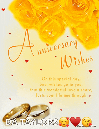 a greeting card that says " anniversary wishes " with yellow roses and wedding rings
