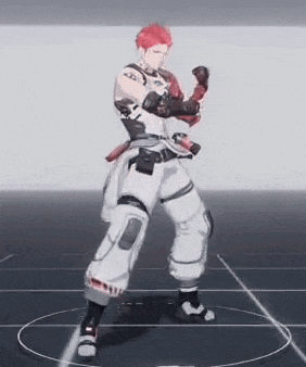 a man with red hair and white pants is standing in a circle in a video game .