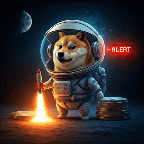 a doge wearing a space suit is holding a rocket in front of a sign that reads alert
