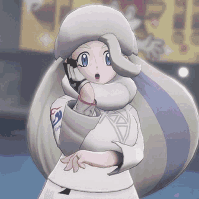 a cartoon character with a surprised look on her face is wearing a white sweater and a scarf