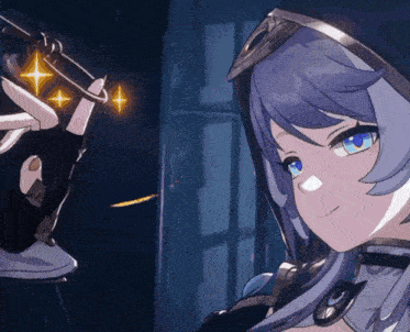 a girl with blue hair is holding a chain with two stars on it