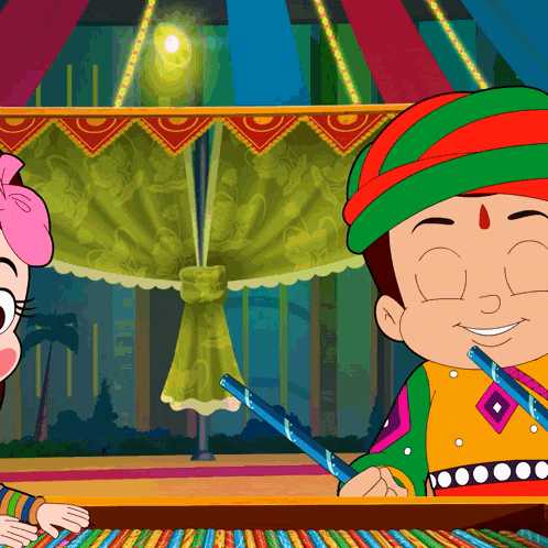 a cartoon drawing of a boy and a girl playing with colored sticks