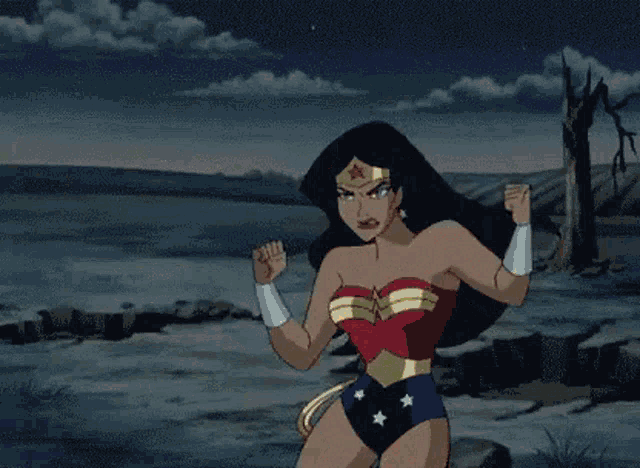 a cartoon of wonder woman flexing her muscles in front of a body of water