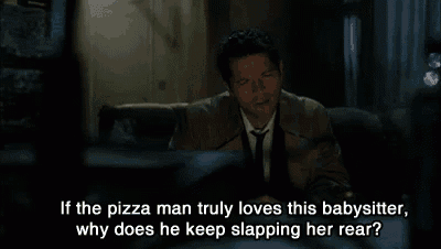 a man in a suit and tie is sitting on a couch and saying if the pizza man truly loves this babysitter