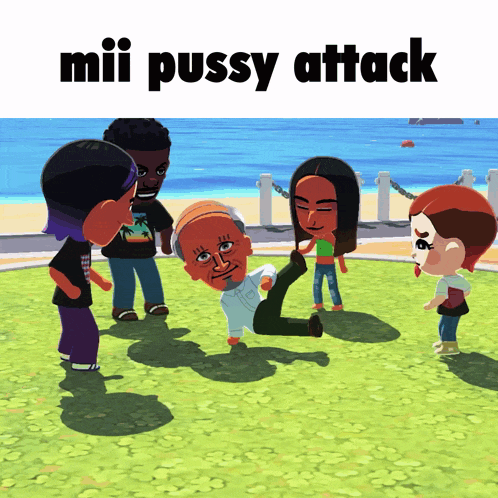 a group of people are playing a video game with the words mii pussy attack on the top