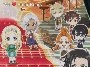 a group of anime characters are standing on a red carpet with the words " we polar bears " above them