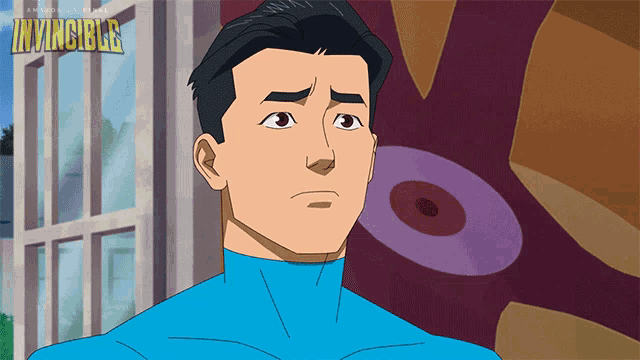 a cartoon of a man in a blue suit with the word invincible above him
