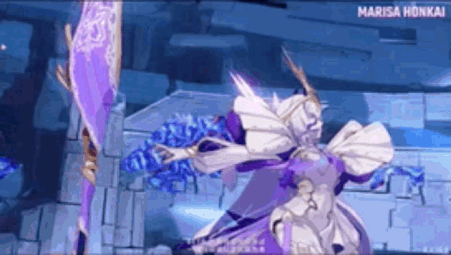 a video game character in a purple dress is holding a sword and shield .