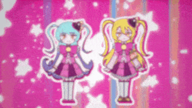 two anime characters are standing next to each other on a pink background with stars .