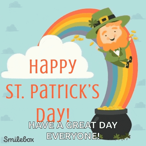 a greeting card for st. patrick 's day with a leprechaun and a rainbow