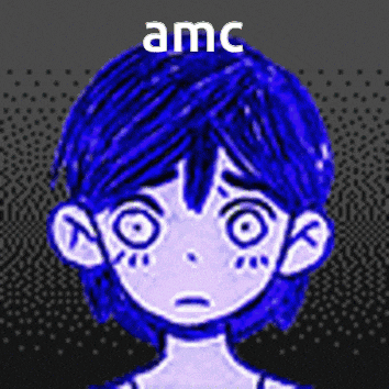 a pixel art drawing of a girl with blue hair and the words amc on the bottom