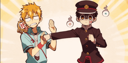 two anime characters are standing next to each other and one has a ghost on his head