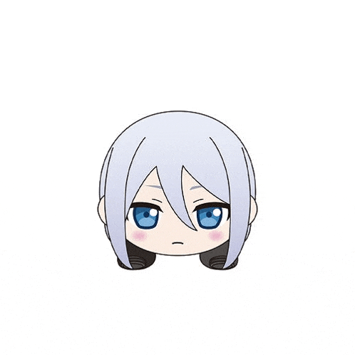 a cartoon character with white hair and blue eyes .