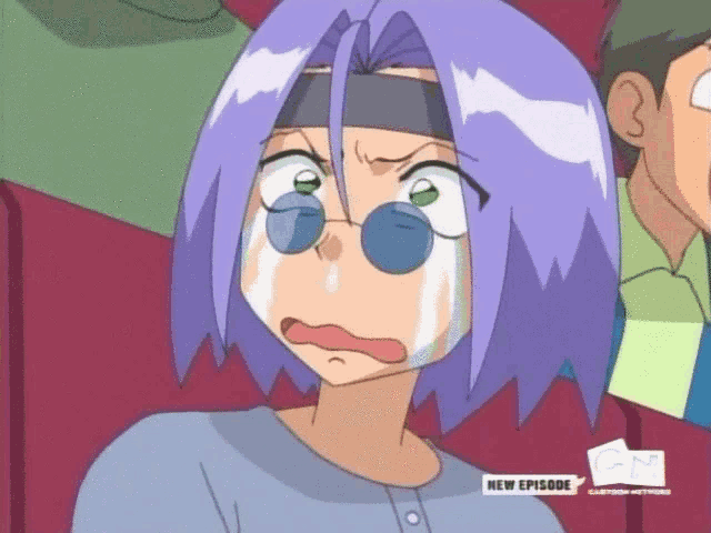 a cartoon character with purple hair is crying with a gm logo behind him