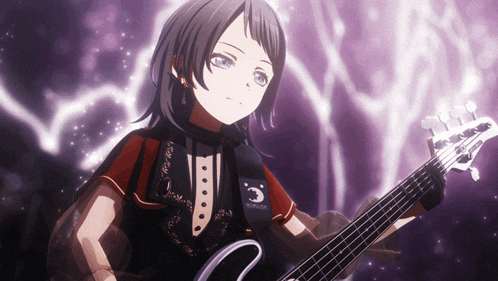 a girl is playing a bass guitar with a strap that says ' n.c.r.t. ' on it